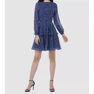 Love‎ by Theia Dress Size 12 Blue Chiffon Ruffle Tiered Open Strappy Back NWT